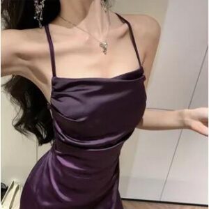Spaghetti Strap Plain Ruched Slit Maxi A-Line Dress Purple 282274418