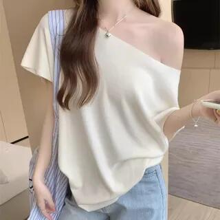 Short-Sleeve Off Shoulder Plain Top Beige by Beaustreet