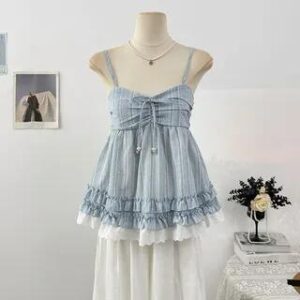 Barcode Striped Ruffle Lace Trim Flowy Camisole Top Blue 282296680