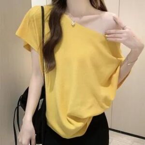 Short-Sleeve Off Shoulder Plain Top Yellow 282296691