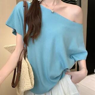 Short-Sleeve Off Shoulder Plain Top Blue by Beaustreet