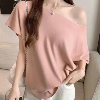 Short-Sleeve Off Shoulder Plain Top Pink by Beaustreet