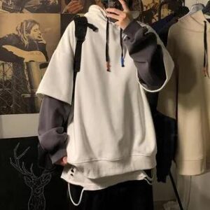 Mock Two-Piece Two Tone Drawstring Hoodie White 282303165