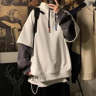Mock Two-Piece Two Tone Drawstring Hoodie White by Femilina