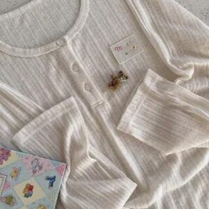 Long Sleeve Round Neck Henley Ribbed Tee Beige 282309408