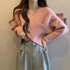 V-Neck Plain Wrap Ribbed Knit Cropped Sweater Pink 282319571