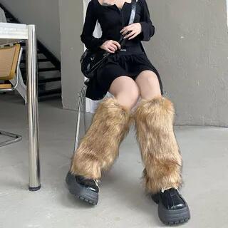 Plain Fluffy Leg Warmers 1 Pair - 40cm - Without Bow - Light Brown by Mimiyu
