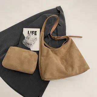 Plain Faux Suede Tote Bag Khaki by KOCORE