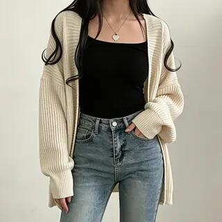 Plain Ribbed Open Front Cardigan Coffee by HYAKU