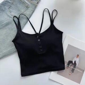 Spaghetti Strap Scoop Neck Henley Cropped Cami Top Black 282327408