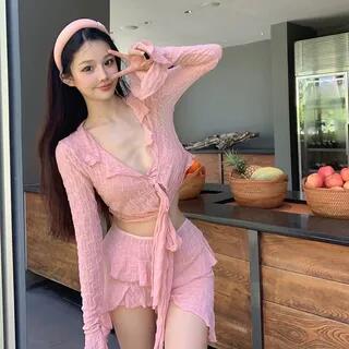 Set: Halter Plain Bikini Top + Bikini Bottom + Patterned Ruffle Asymmetrical Swim Skirt + Cover Up Pink by CUCURBIT