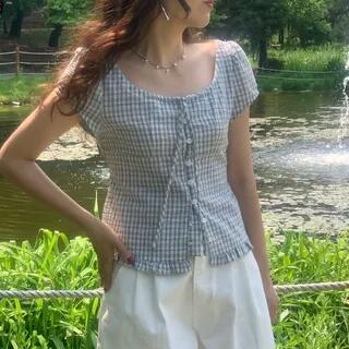 Short Sleeve Scoop Neck Plaid Frill Blouse Light Blue by ISSOL