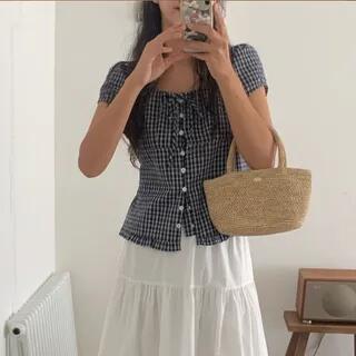 Short Sleeve Scoop Neck Plaid Frill Blouse Dark Blue by ISSOL