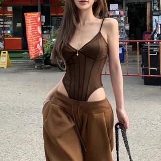 Spaghetti Strap V-Neck Sheer Bodysuit Top / Drawstring Waist Plain Wide Leg Sweatpants Bodysuit Top - Coffee by Metonymph
