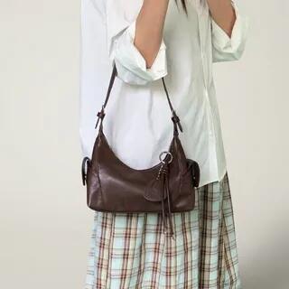 Set: Plain Faux Leather Shoulder Bag + Bag Charm Coffee by TangTangBags
