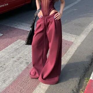 Spaghetti Strap V-Neck Sheer Bodysuit Top / Drawstring Waist Plain Wide Leg Sweatpants Sweatpants - Purplish Red by Metonymph
