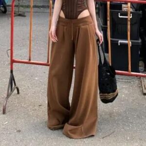 Spaghetti Strap V-Neck Sheer Bodysuit Top / Drawstring Waist Plain Wide Leg Sweatpants Sweatpants - Coffee 282332371