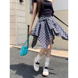 High Waist Plaid Asymmetrical Mini A-Line Skirt Small Plaid - Blue by Mikiko