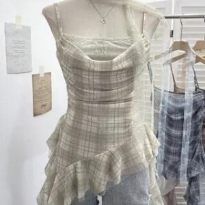 Spaghetti Strap Square Neck Plaid Ruffle Trim Cami Top Green 282345739
