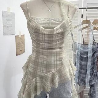 Spaghetti Strap Square Neck Plaid Ruffle Trim Cami Top Green by Allinya