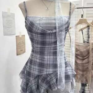 Spaghetti Strap Square Neck Plaid Ruffle Trim Cami Top Blue 282346684