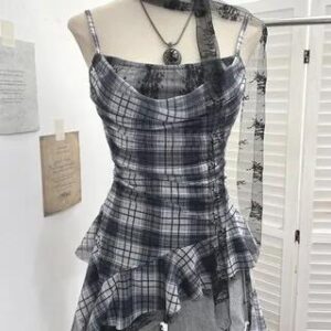 Spaghetti Strap Square Neck Plaid Ruffle Trim Cami Top Black 282347147