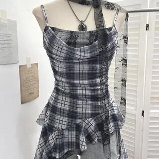 Spaghetti Strap Square Neck Plaid Ruffle Trim Cami Top Black by Allinya