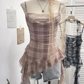 Spaghetti Strap Square Neck Plaid Ruffle Trim Cami Top Pinkish Khaki by Allinya