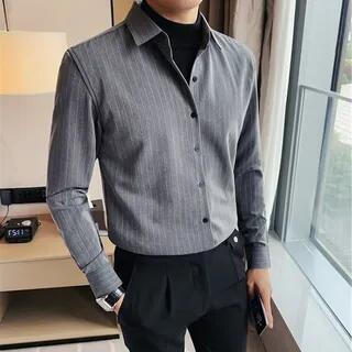 Mock Two-Piece Long-Sleeve Striped Shirt Gray by GRAYCIOUS