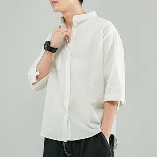 Elbow-Sleeve Band Collar Plain Shirt K42 - White by Nightbell
