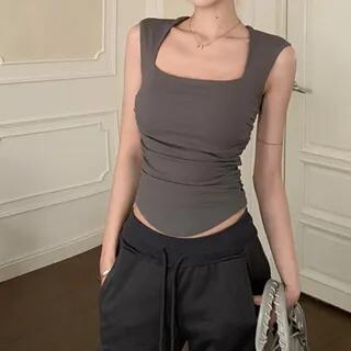 Square Neck Plain Ruched Crop Tank Top Black by Allinya