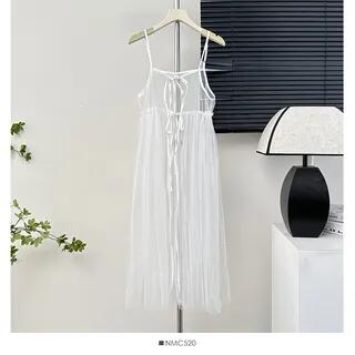 Spaghetti Strap Tie Front Mesh Midi Dress White by Lemongrass