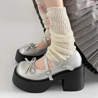 Block Heel Platform Plain Mary Jane Pumps Silver by Gordong