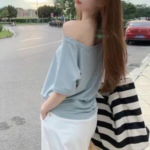 Short-Sleeve Boat Neck Plain Loose-Fit Tee Plain - Blue 282359932