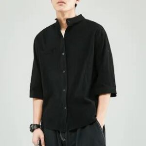 Elbow-Sleeve Band Collar Plain Shirt K42 - Black 282359941