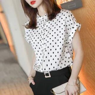Short-Sleeve Stand Collar Dotted Button-Up Blouse Black by Jeonseon
