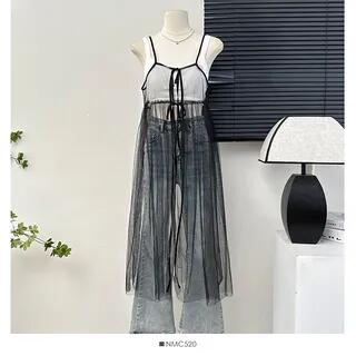 Spaghetti Strap Tie Front Mesh Midi Dress Black by Lemongrass