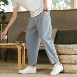 Drawstring Waist Plain Cropped Harem Pants Light Gray 282361766