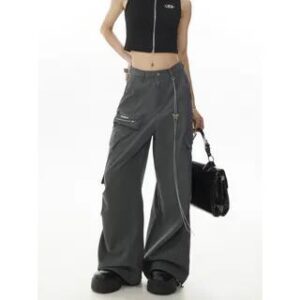 Set: Mid Waist Plain Baggy Cargo Pants + Waist Chain Set of 2 - Pants & Chain - Black 282361772