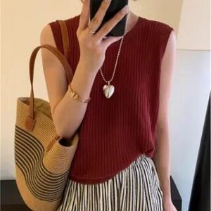 Crewneck Plain Knit Tank Top Red 282361816