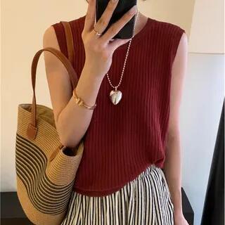 Crewneck Plain Knit Tank Top Red by CRIBI