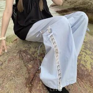 Sleeveless Square Neck Plain Frill Top / High Rise Bow Panel Baggy Pants 8891 - Pants - Blue 282361850