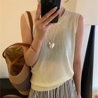 Crewneck Plain Knit Tank Top White by CRIBI