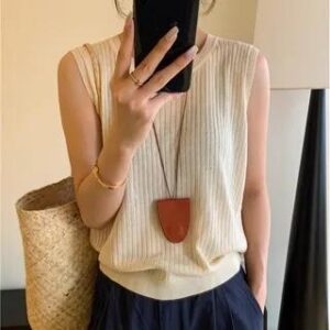 Crewneck Plain Knit Tank Top Almond 282361915