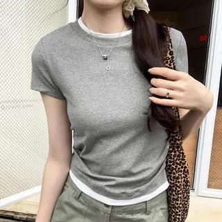 Mock Two-Piece Short-Sleeve Round Neck Tee Dark Gray by Bolgivy