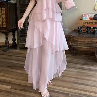 V-Neck Plain Flowy Cami Top / Maxi A-Line Skirt Skirt - Pink by Metonymph