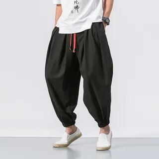 Mid Rise Plain Cropped Harem Pants Black by YIKES