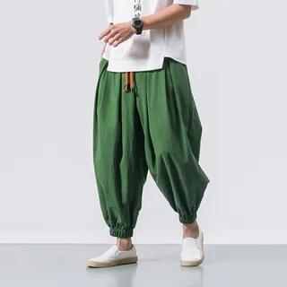 Mid Rise Plain Cropped Harem Pants Dark Green by YIKES