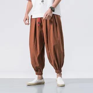 Mid Rise Plain Cropped Harem Pants Coffee by YIKES