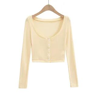 Lace Trim Camisole Top / Scoop Neck Crop Cardigan 24102 - Cardigan - Plain - Light Yellow by Ulark
